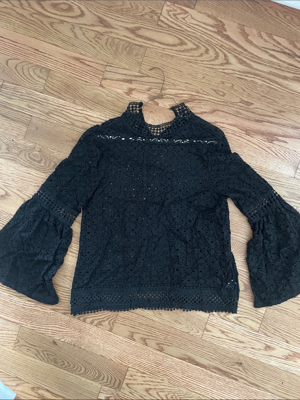 Cable & Gauge Black Crochet Bell-Sleeve Lace Top